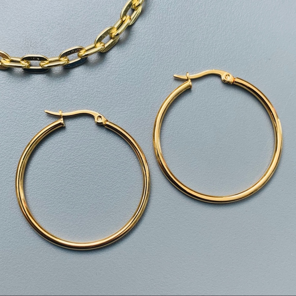 35mm Yellow Gold Stainless Steel Hoop Earrings - Picture 2 of 4
